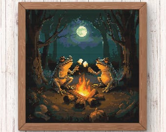 Frogs Campfire Cross Stitch Pattern | Forest Night Embroidery (PDF Pattern) | Beginner Easy Stitching