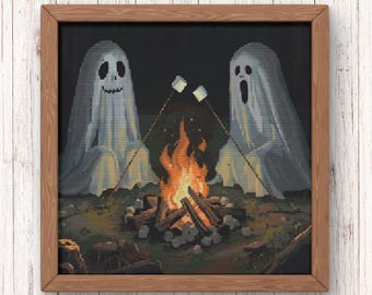2 Ghosts by the Campfire Cross Stitch Pattern PDF | Halloween Easy Embroidery Stitching for Beginners