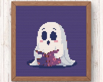Cozy Ghost Reading Book Cross Stitch Pattern PDF Download | Spooky Halloween Embroidery for Beginners