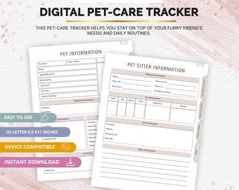 Printable Pet-Care Tracker | Vet Visits, Feeding & Grooming Log (Digital PDF)