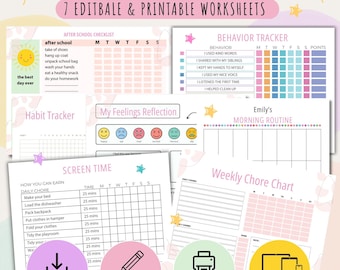 May include: A Kids Chore Chart Bundle featuring seven editable and printable worksheets including an after school checklist, behavior tracker, habit tracker, feelings reflection, morning routine, screen time log, and a weekly chore chart.