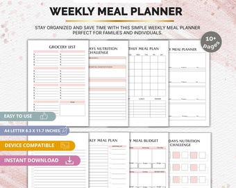 Printable Weekly Meal Planner | Grocery List & Recipe Tracker | Digital PDF Meal Planning Organizer