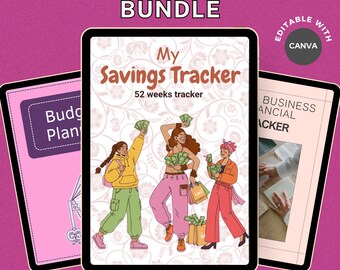 May include: A digital finance and budget bundle with the text "Finance & Budget Bundle" and "Easy to Use". The bundle includes a savings tracker, budget plan, and business financial tracker. The savings tracker features illustrations of people holding money.