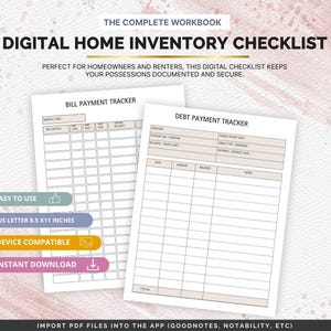 May include: Digital home inventory checklist with "Bill Payment Tracker" and "Debt Payment Tracker" forms. The forms are on A4 paper, approximately 21 x 29.7 cm. The image includes the text "Easy to Use", "Device Compatible", and "Instant Download".