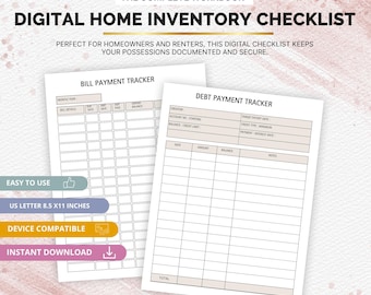 Könnte beinhalten: Digitaler Haushaltsinventar-Checkliste mit Formularen "Bill Payment Tracker" und "Debt Payment Tracker". Die Formulare sind auf A4-Papier, ca. 21 x 29,7 cm. Das Bild enthält den Text "Einfach zu bedienen", "Gerätekompatibel" und "Sofort-Download".