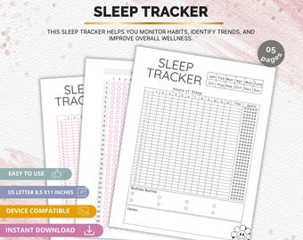 May include: A stack of white paper sleep trackers with the title "SLEEP TRACKER" printed in black. The pages include sections for tracking hours of sleep, quality, and a monthly calendar. The text "US LETTER 8.5 X11 INCHES" is also visible.