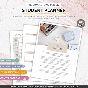 Puede incluir: Un cuaderno de trabajo de planificador de estudiantes con el texto "STUDENT PLANNER" y "BOOST PRODUCTIVITY AND REDUCE STRESS". El planificador incluye horarios semanales, ideas clave y una página de bienvenida. US Letter 21,6 x 27,9 cm y compatible con dispositivos.