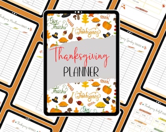 May include: A digital Thanksgiving planner on a tablet. The planner has a white background with autumn illustrations like pumpkins, leaves, and pie. The text "Thanksgiving PLANNER" is displayed prominently.