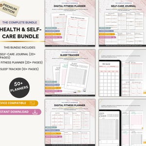 Könnte beinhalten: Ein digitales Gesundheits- und Selbstpflege-Bundle mit einem Selbstpflege-Journal, einem Fitnessplaner und einem Schlaftracker. Das Bundle enthält über 50 Planer und ist gerätekompatibel. Der Text auf dem Bild lautet "The Complete Bundle Health & Self-Care Bundle".