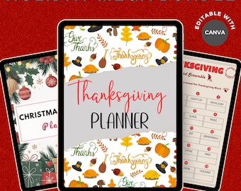May include: A digital holiday mega bundle featuring a Thanksgiving planner, Christmas planner, and a Thanksgiving word scramble. The Thanksgiving planner has a white background with fall-themed illustrations. The text "Thanksgiving Planner" is in red script. The image is easy to use and editable with Canva.