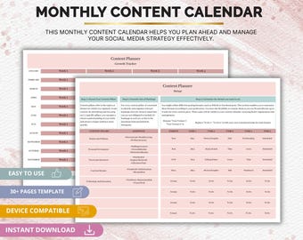 May include: A pink and white monthly content calendar template with sections for planning social media strategies. The design includes a content planner, growth tracker, and sections for content pillars, hashtags, and formats. The template is easy to use and device compatible.