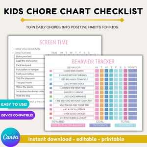 Kids Chore Chart Printable | Responsibility Tracker Checklist Digital ...