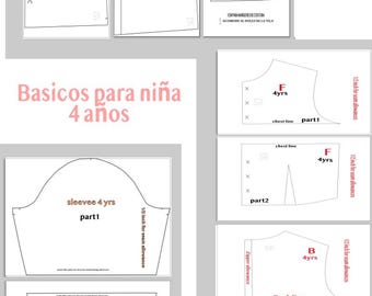4 años niña patrones básicos de  blusa falda y manga, solo imprime corta y cose.