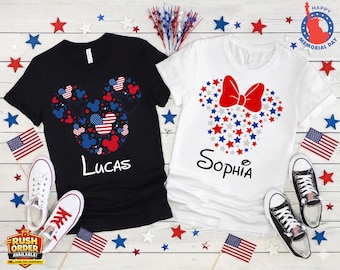 Sibling Matching Name Shirt 4th of July, Custom Kids USA Star Mickey Head & Bow Tee, Brother Sister Outfit Set, Quality Bella Shirt