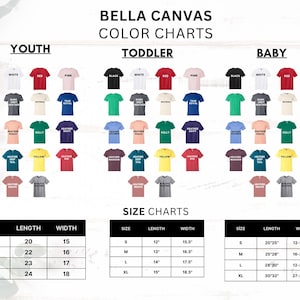 Op de afbeelding: Een kleurenkaart voor Bella Canvas t-shirts, met verschillende kleuren voor de maten Jeugd, Peuter en Baby. De kaart bevat maat- en meetgegevens in cm voor elke maatcategorie, met lengte- en breedtematen.