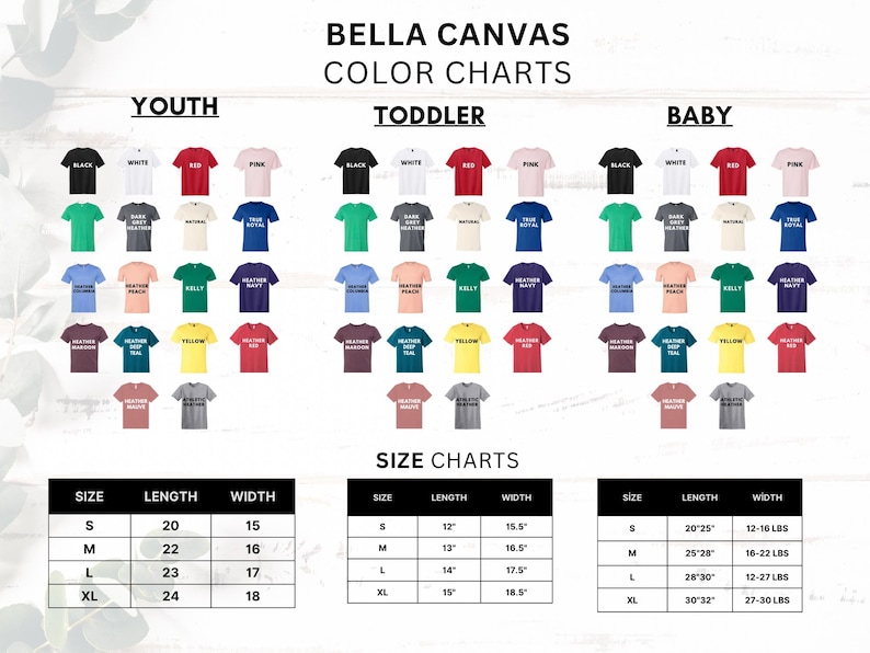 Op de afbeelding: Een kleurenkaart voor Bella Canvas t-shirts, met verschillende kleuren voor de maten Jeugd, Peuter en Baby. De kaart bevat maat- en meetgegevens in cm voor elke maatcategorie, met lengte- en breedtematen.