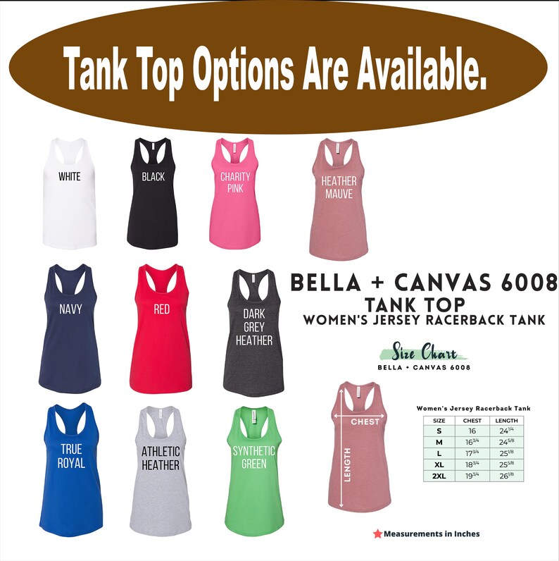 Op de afbeelding: Een display van Bella + Canvas 6008 tanktops in diverse kleuren, waaronder wit, zwart, marineblauw, rood en heather mauve. De afbeelding bevat een maattabel met afmetingen in inches (omgerekend in cm).