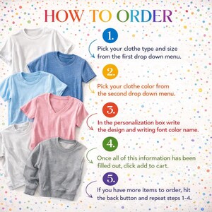 Op de afbeelding: Een instructieve afbeelding met de titel "HOW TO ORDER" en genummerde stappen. De afbeelding toont verschillende gekleurde t-shirts en een sweatshirt. De stappen begeleiden de klant bij het bestellen, inclusief het selecteren van maat, kleur en personalisatie.