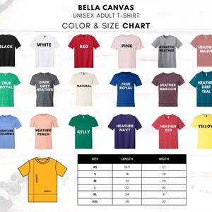 Op de afbeelding: Kleur- en maattabel voor Bella Canvas unisex volwassen t-shirts. De tabel toont verschillende t-shirtkleuren, waaronder zwart, wit, rood, roze en heather grey. Een maattabel toont de afmetingen in centimeters voor de maten XS tot XXL.