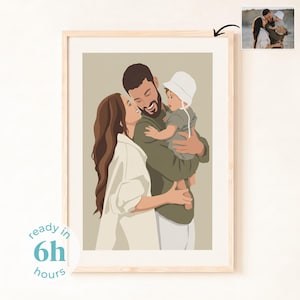 Puede incluir: Una ilustración digital enmarcada de un retrato familiar que muestra a una persona con cabello castaño largo en camisa blanca, una persona con barba en camisa verde oliva y un bebé con sombrero blanco. El texto ready in 6h hours es visible.