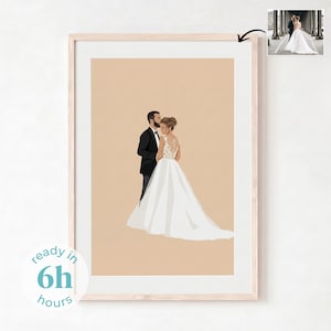 Puede incluir: Una ilustración digital enmarcada de una pareja con ropa de boda sobre un fondo beige sólido. La persona de la izquierda viste un traje negro, mientras que la de la derecha lleva un vestido blanco con detalles de encaje. Una pequeña foto muestra el original.