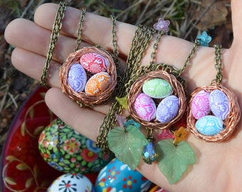 Easter egg necklace, birds nest pendant, pisanki eggs easter necklace, wire wrap pendant, faerie bird nest necklace, ostara easter jewelry