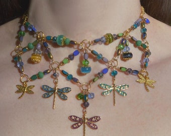 Dragonfly necklace green and gold colourful summer jewelry, beaded egyptian inspired bib necklace with dragonflies, insect nature lover gift