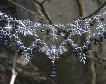 Gothic Bat Necklace Dark Blue Goldstone, Celestial Glittery Night Sky, Silver Elven Leaf Star Beaded Choker Goth Jewelry, Whimsigoth Fashion