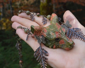 Unakite green wolf pendant, cernunnos necklace, forest elf green witch jewelry, dryad tree spirit amulet, moss fern jewelry, wolf necklace