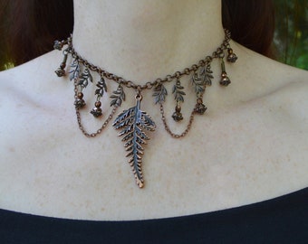 Fern leaf choker, Autumn forest necklace, elf jewelry, copper and crystal fall leaves necklace, elven witchy choker, wood elf jewelry