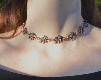 Copper leaf necklace, elven choker of fern leaves, botannical plant themed jewelry, forestcore witch, dainty string of leaves necklace