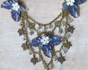 Vintage style flower necklace with leaves and beaded fringe, Art Nouveau fairy jewelry, purple and bronze floral bib choker boho glass bead