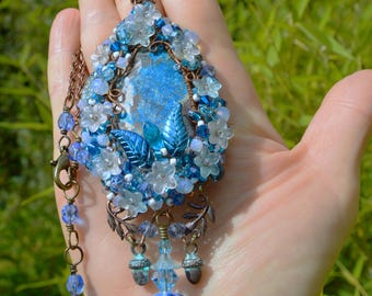 Ice blue fairy necklace, aqua blue and white flower pendant, wire wrapped copper crystal necklace, floral jewelry, sweet witch, fairycore