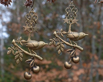 Bronze bird earrings, hippie witch twig earrings, cottagecore wren bird dangle earrings with cherries and stars, fairy elf jewelry mori girl