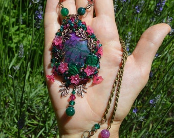 Fuchsia pink fairy necklace, floral pendant in pink and green leaves and flowers crystal wire wrapped necklace, butterfly wing fairy jewelry