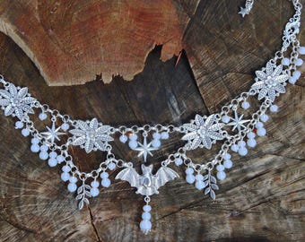Bat Choker Necklace with Opalite Beads, Whimsigoth Romantic Jewelry, Silver and White Beaded Fringe, Art Nouveau, Moonlight Witch Fairy