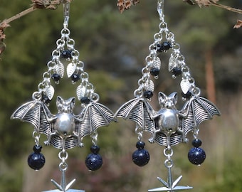 Gothic Bat Earrings in Silver and Navy Blue Goldstone, Romantigoth Art Nouveau Jewelry with Bats and Stars, Blue Sandstone Beaded Chandelier