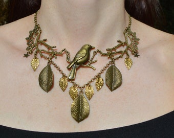 Bird necklace with leaves, cottagecore bronze twig necklace, fairy jewelry, witchy branch necklace, forestcore elf necklace with branches
