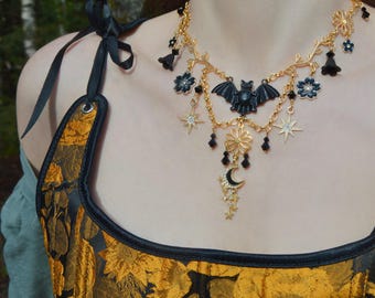 Black and Gold Bat Necklace with Moon Flower Pendants Stars and Crystals, Romantic Gothic Jewelry, Whimsigoth Vampire Witch Dark Fairycore