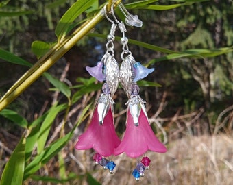 Bisexual pride earrings, subtle bi flag jewelry, fuchsia pink blue and purple flower earrings, lgbt jewelry, bisexual flag or custom colours