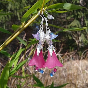 Bisexual pride earrings, subtle bi flag jewelry, fuchsia pink blue and purple flower earrings, lgbt jewelry, bisexual flag or custom colours