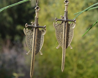 Bronze sword earrings, medieval coat of arms jewelry, sword and shield maiden, castlecore, fantasy gothic viking,  knightcore, lady knight