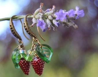 Wild strawberry earrings, red and green cottagecore fruit earrings, red berry, strawberry jewelry, botanical earrings, plant lover gift