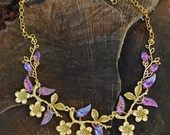 Purple and gold flower necklace with leaf beads, fairytale forest jewelry, golden fairy, faerie Queen, elfcore, whimsical floral jewelry