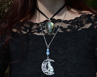 Crescent moon pendant, howling wolf necklace, moon phase jewelry, wolf and moon necklace, wicca jewelry, witchy moon jewelry