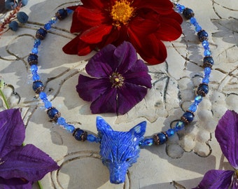 Blue wolf necklace, Lapis Lazuli beaded choker, sea witch jewelry, blue wolf jewelry, lapis stone beaded necklace, witchy wolf pendant