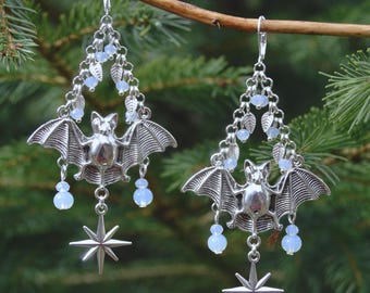 Whimsigoth Bat Earrings With Opalite Labradorite Beaded Fringe, Gothic Bat Silver Star Art Nouveau Jewelry, Chandelier Goth Beads Witchy