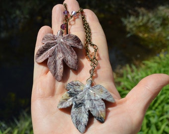 Maple leaf necklace, jasper stone pendant with Autumn leaf, elven witch necklace, cottagecore fall jewelry, mori girl elf necklace leaves