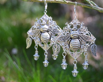 Bee earrings, silver cottagecore garden witch jewelry, bumblebee naturecore, large insect dangle earrings with bees leaves and crystals