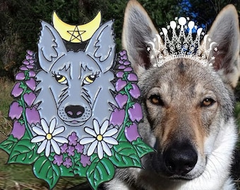 Wolf enamel pin, german shepherd dog brooch, sweet witch enamel pin, Czechoslovakian wolfdog crescent moon pin, pastel goth floral badge
